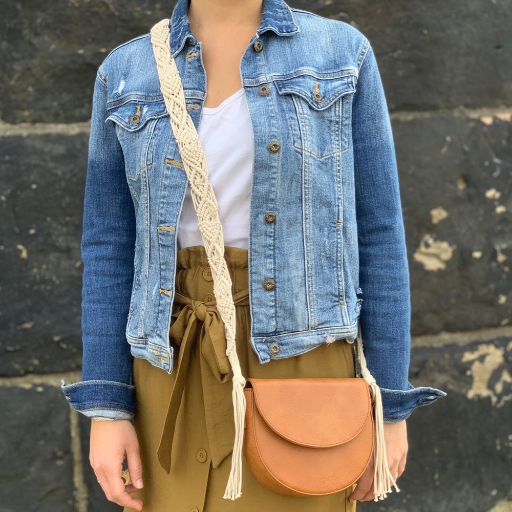 Saddle Bag with Macrame Strap - Tan